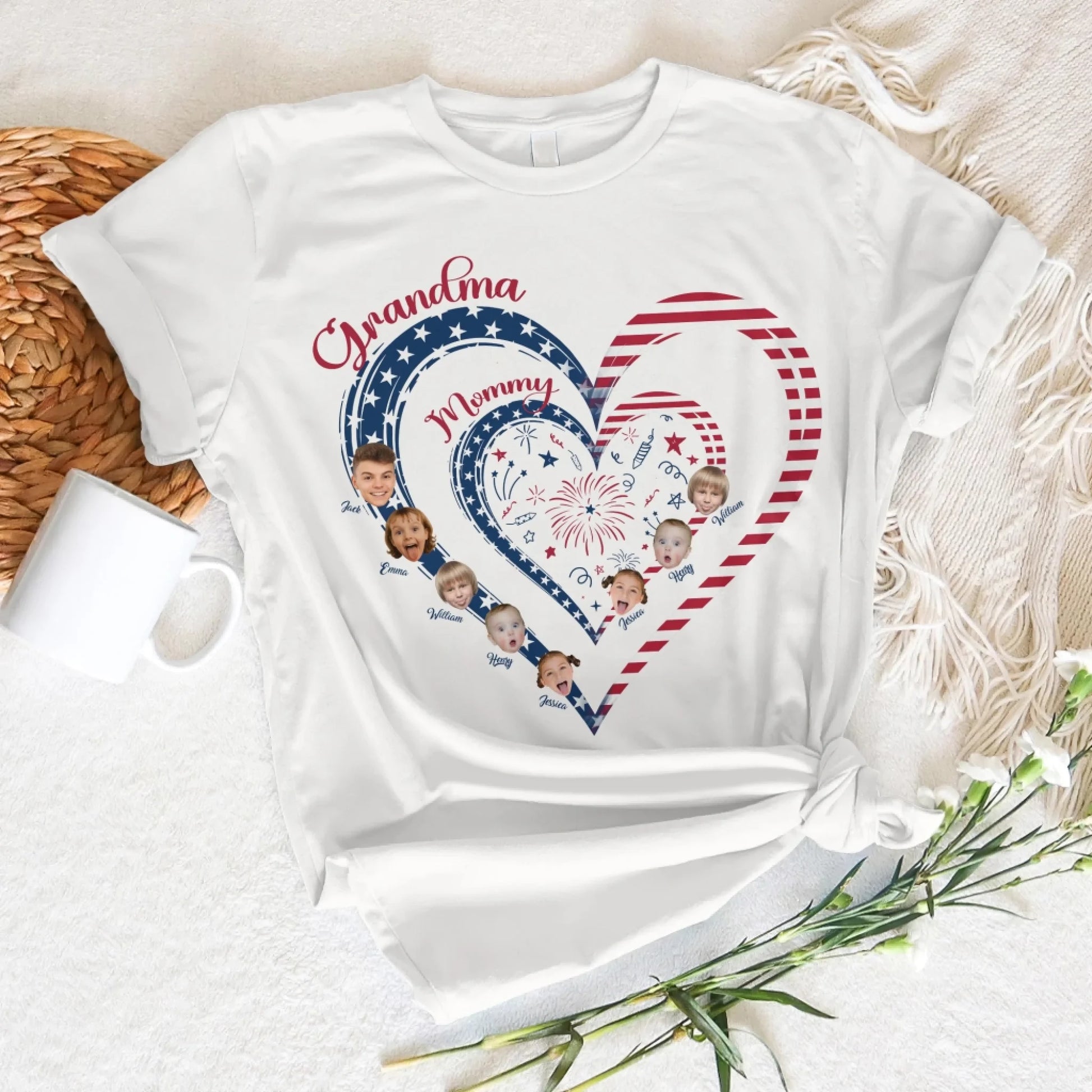 Personalized Heart Flag Shirt for Grandma and Mom – Add Grandkids’ Names & Photos - Custom Choo