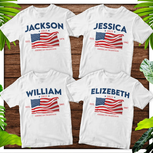 Custom American Tradition Family Shirt – Personalized Name & Birth Year USA Flag Tee - Custom Choo