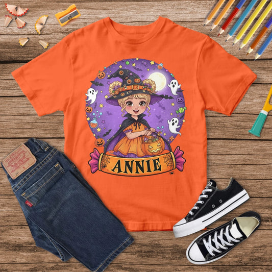 Cutest Little Witch – Personalized Kid’s Name Halloween Shirt, Custom Choo