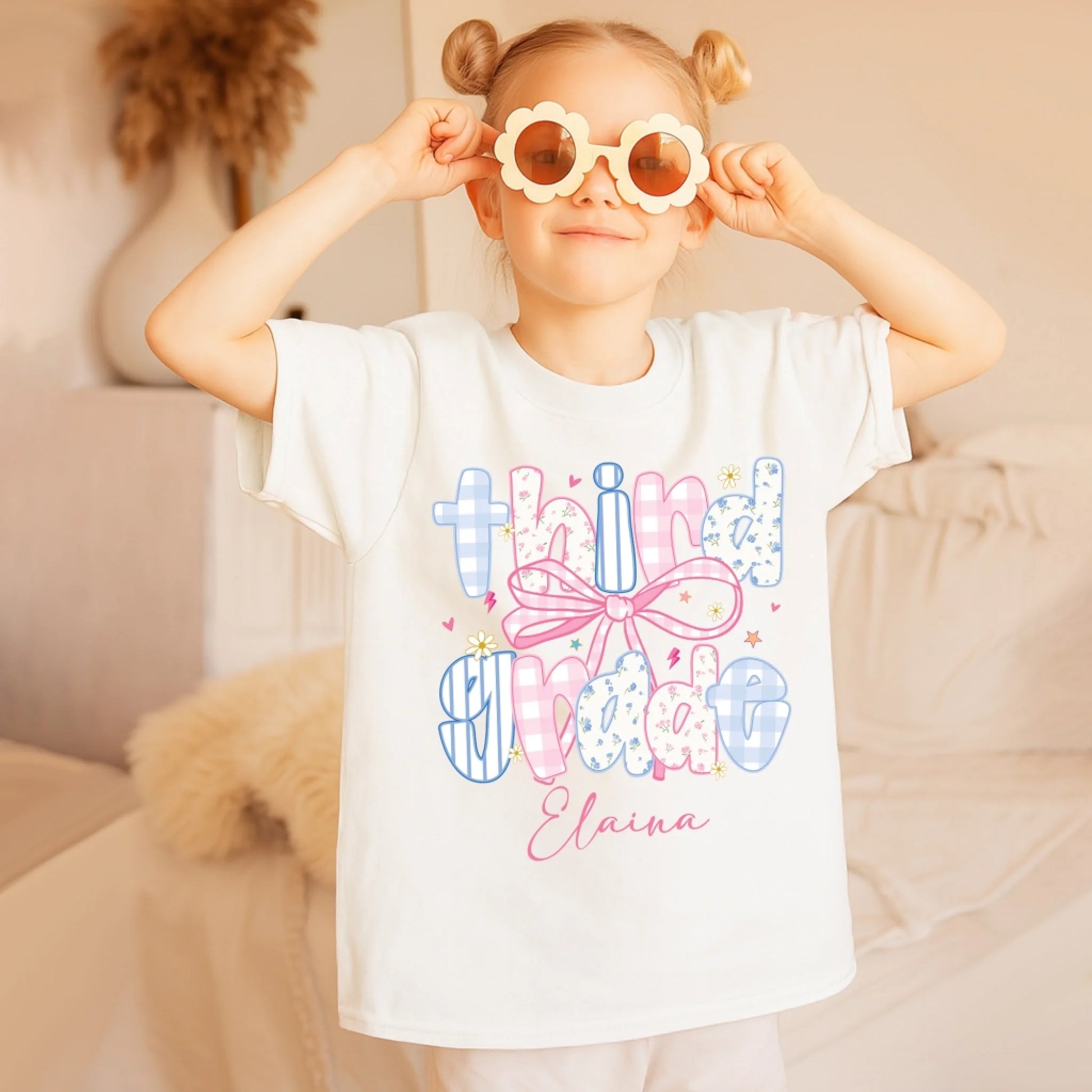 Custom Name & Grade Youth Tee – Back to School Bow Design, Custom Choo