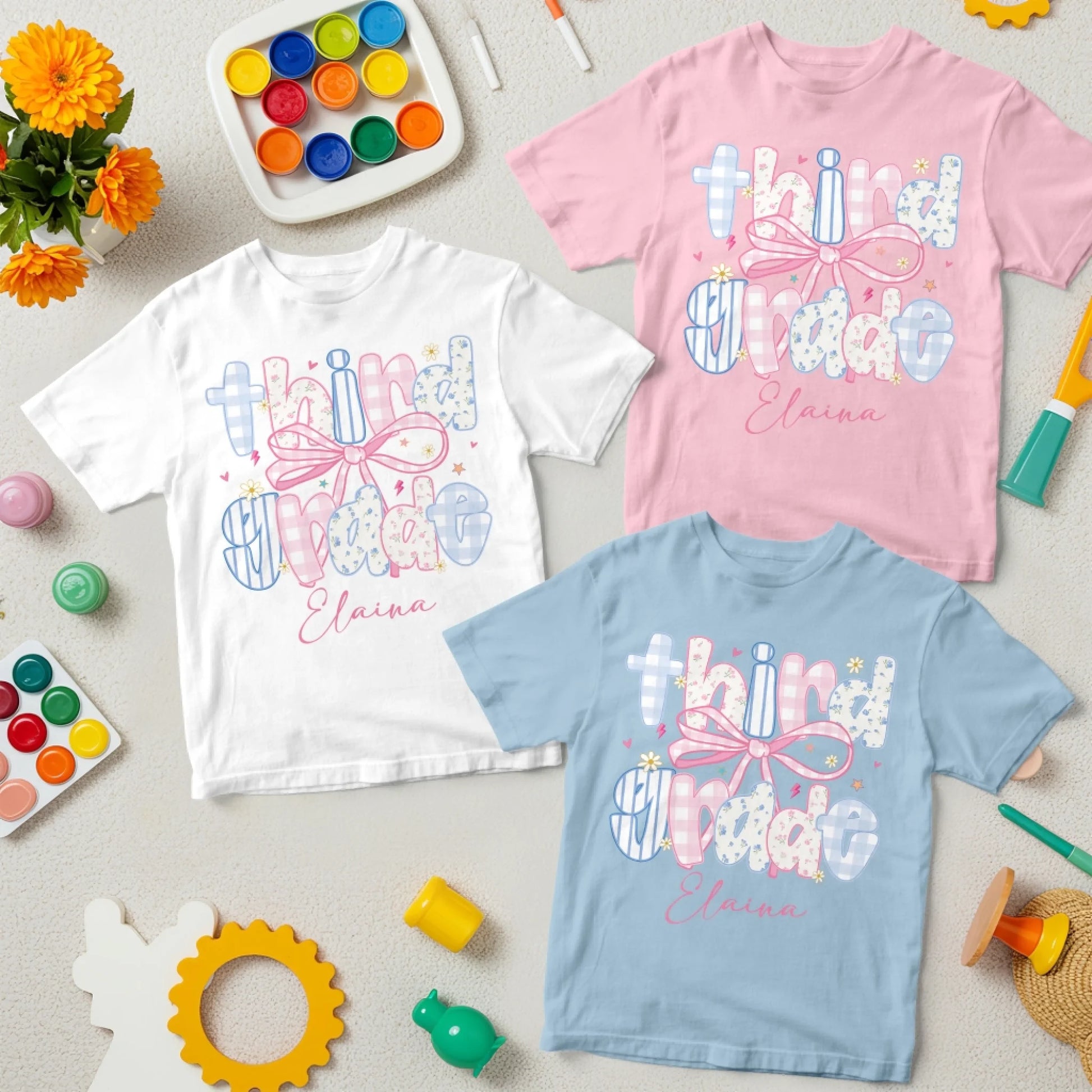 Custom Name & Grade Youth Tee – Back to School Bow Design, Custom Choo