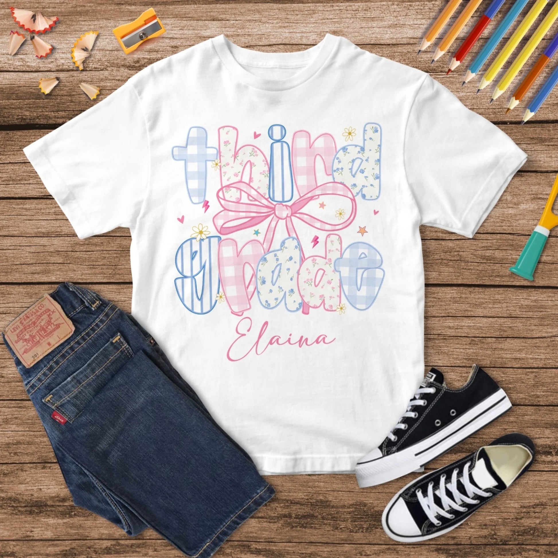 Custom Name & Grade Youth Tee – Back to School Bow Design, Custom Choo
