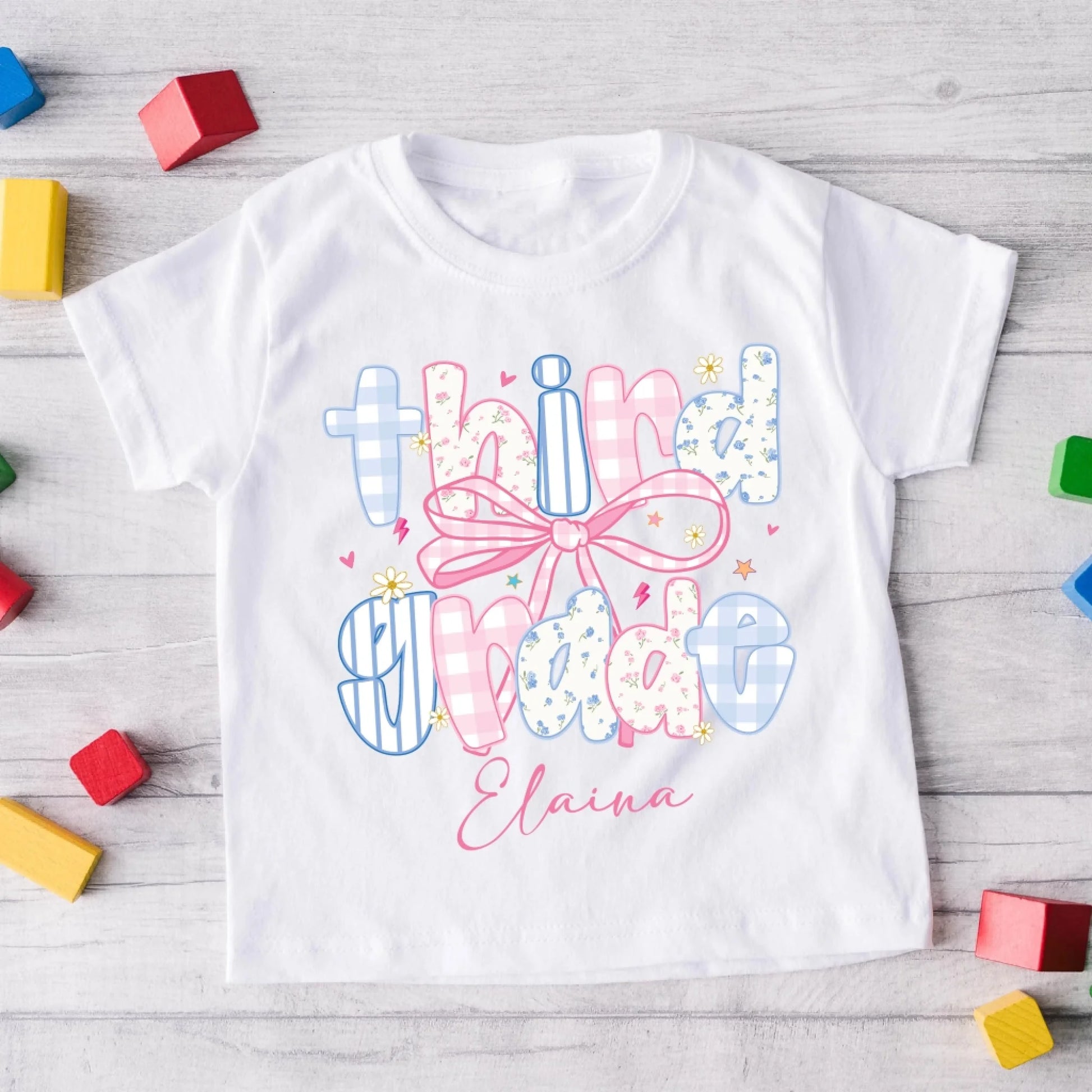 Custom Name & Grade Youth Tee – Back to School Bow Design, Custom Choo