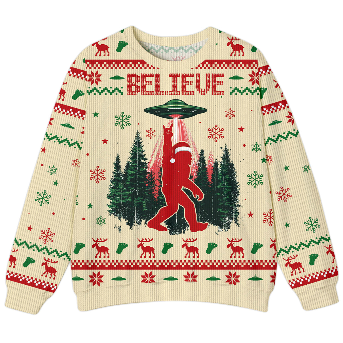 Believe In Bigfoot UFO Christmas - Funny Ugly Christmas Sweater