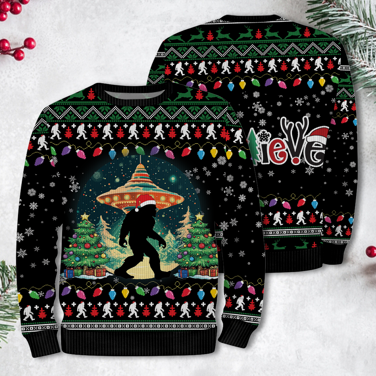 Believe Bigfoot Santa Hat UFO Christmas Ugly Christmas Sweater