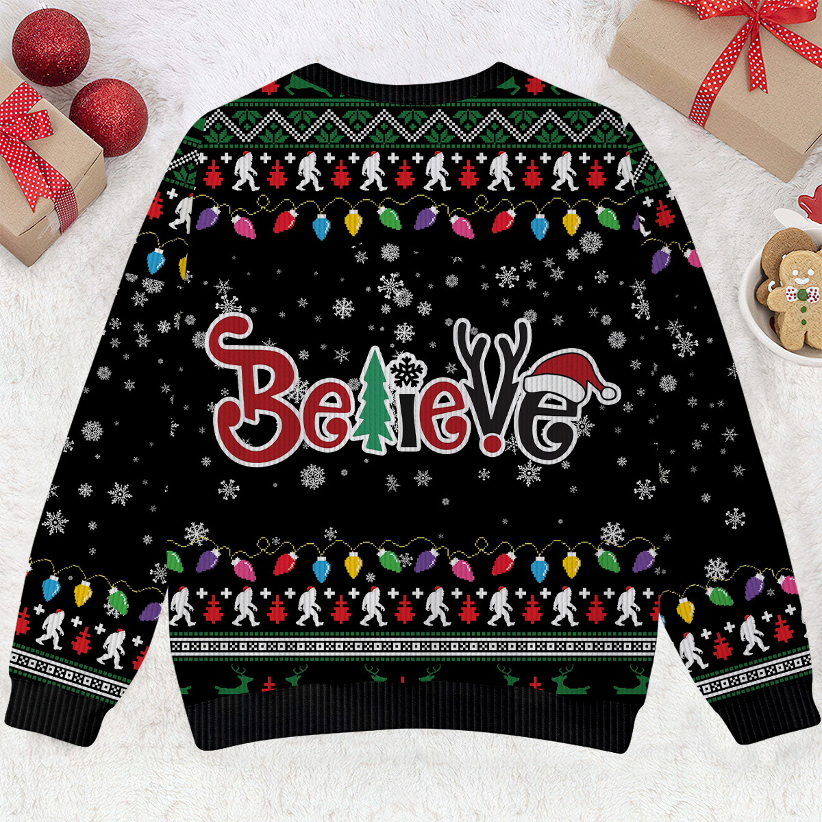 Believe Bigfoot Santa Hat UFO Christmas Ugly Christmas Sweater
