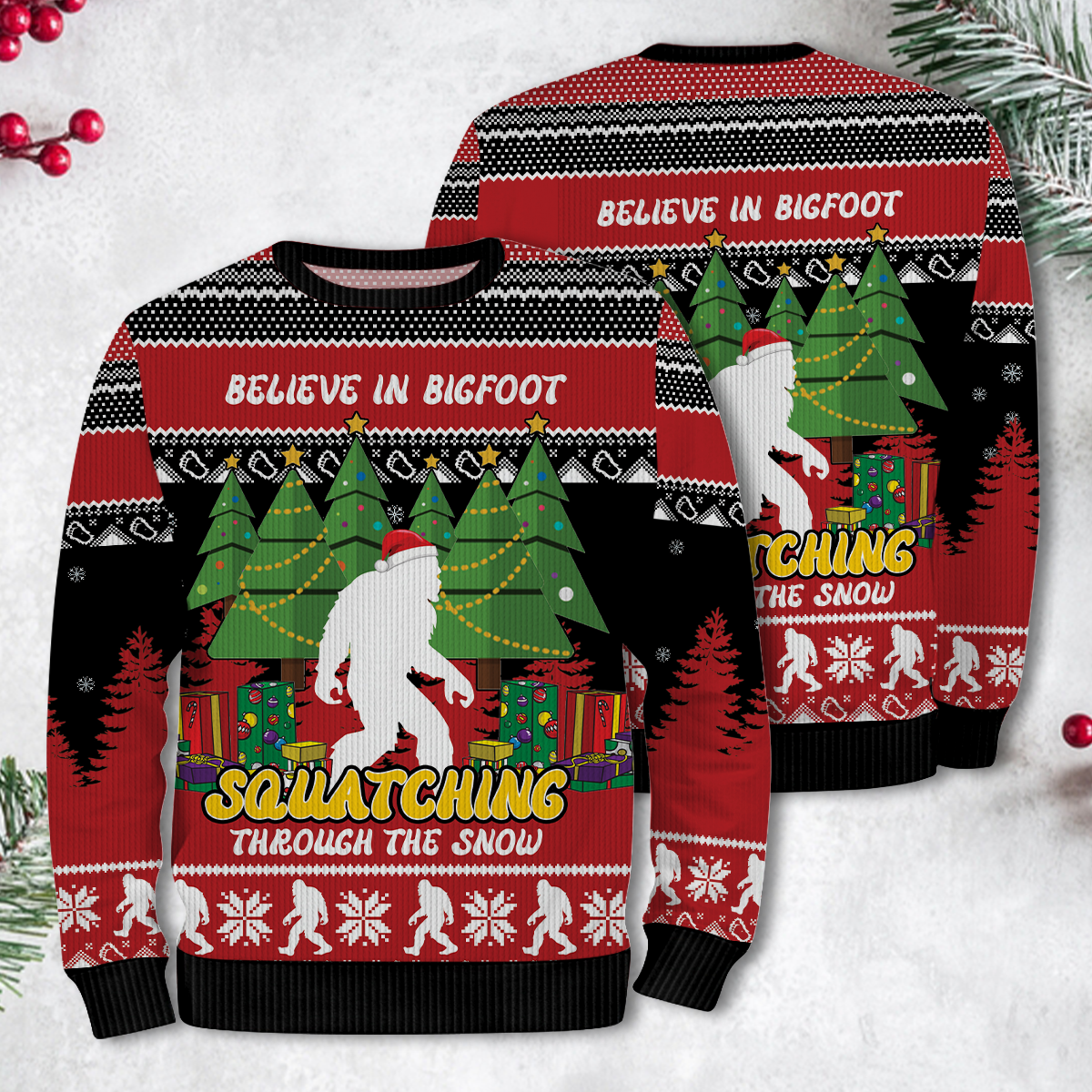 Believe in Bigfoot Christmas Trees Funny Ugly Christmas Sweater