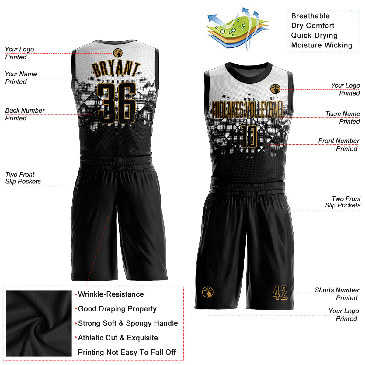 Custom White Black-Old Gold Round Neck Sublimation Basketball Uniform Jersey
