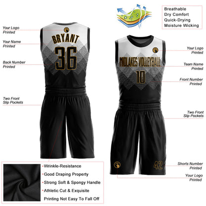 Custom White Black-Old Gold Round Neck Sublimation Basketball Uniform Jersey
