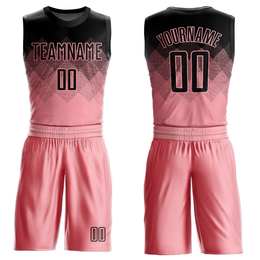 Custom Medium Pink Black Round Neck Sublimation Basketball Uniform Jersey