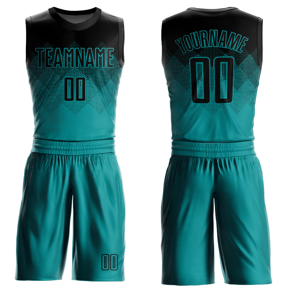 Custom Teal Black Round Neck Sublimation Basketball Uniform Jersey