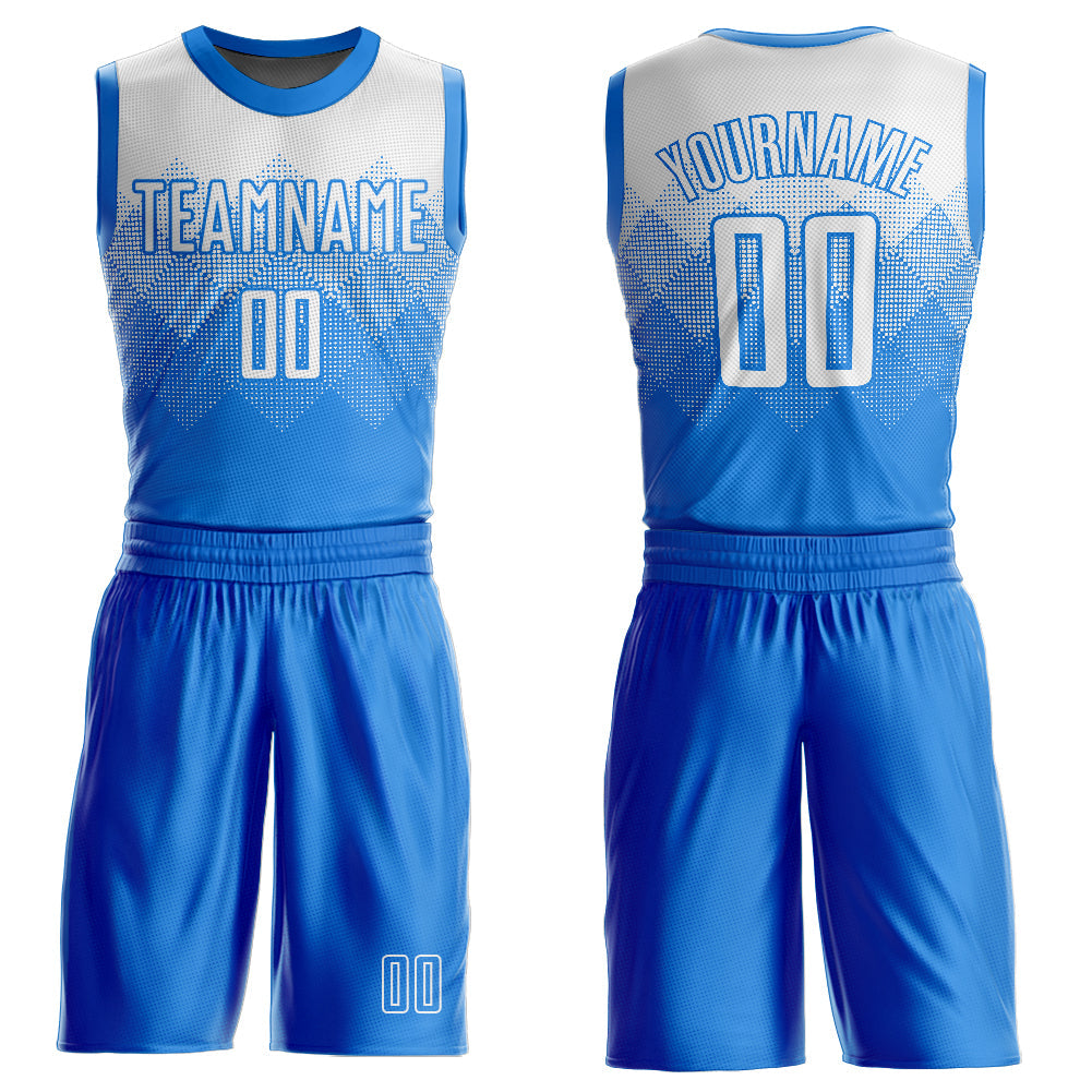 Custom Powder Blue White Round Neck Sublimation Basketball Uniform Jersey