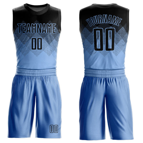 Custom Light Blue Black Round Neck Sublimation Basketball Uniform Jersey