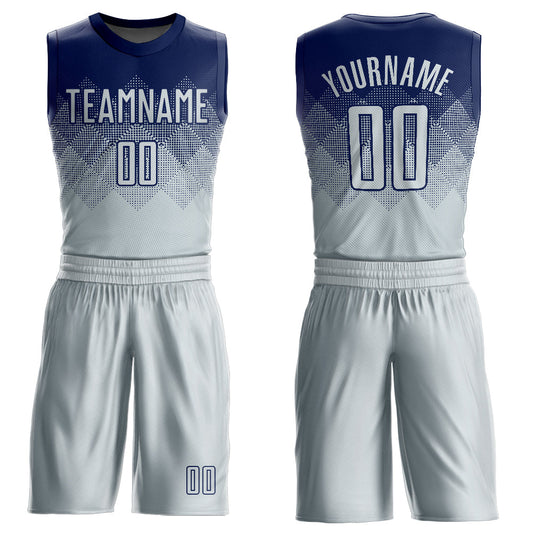Custom Navy Silver Round Neck Sublimation Basketball Uniform Jersey