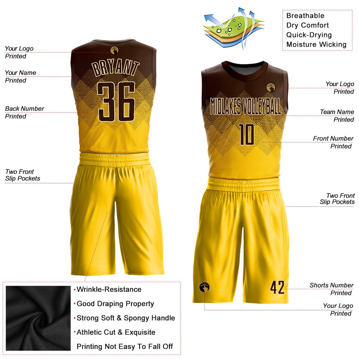 Custom Yellow Brown-Cream Round Neck Sublimation Basketball Uniform Jersey