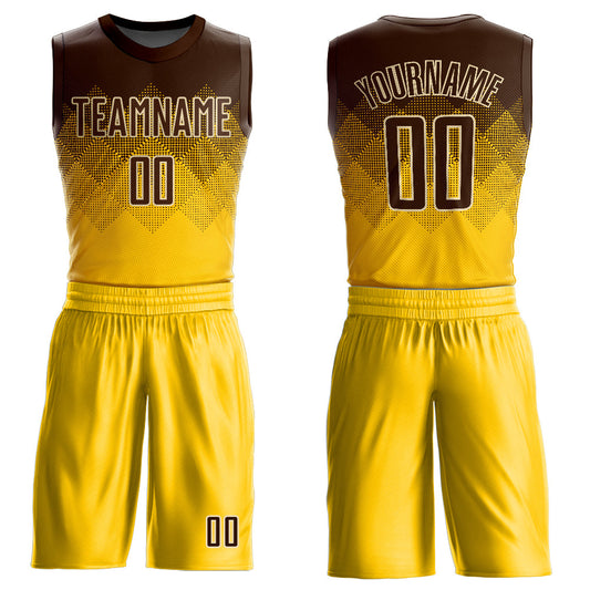 Custom Yellow Brown-Cream Round Neck Sublimation Basketball Uniform Jersey