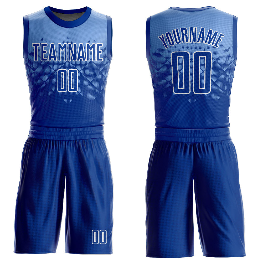 Custom Light Blue Royal-White Round Neck Sublimation Basketball Uniform Jersey