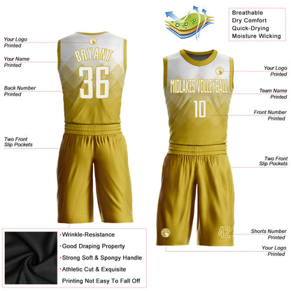 Custom Old Gold White Round Neck Sublimation Basketball Uniform Jersey