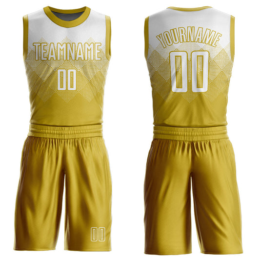 Custom Old Gold White Round Neck Sublimation Basketball Uniform Jersey