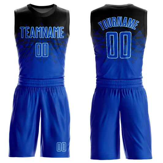 Custom Black Royal-Light Blue Round Neck Sublimation Basketball Uniform Jersey
