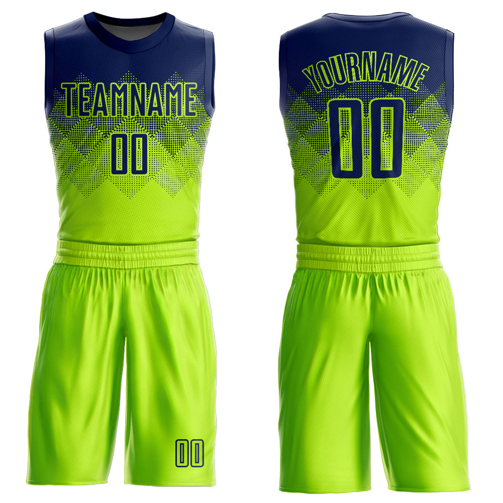 Custom Neon Green Navy Round Neck Sublimation Basketball Uniform Jersey