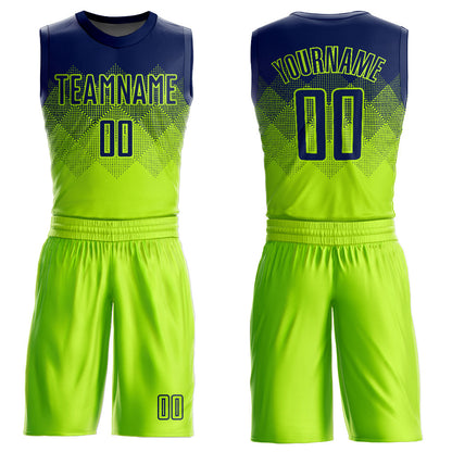 Custom Neon Green Navy Round Neck Sublimation Basketball Uniform Jersey