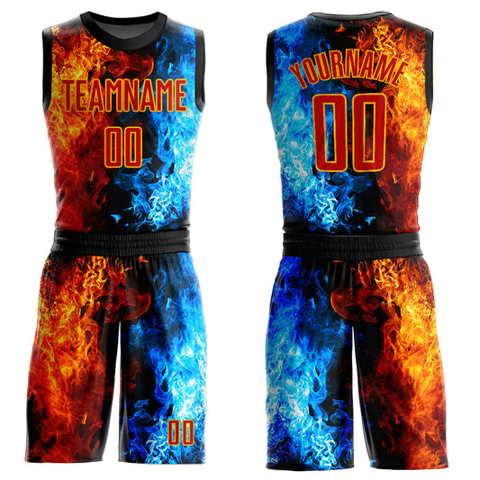 Custom Figure Red-Gold Flame Round Neck Sublimation Basketball Uniform Jersey