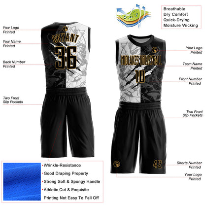 Custom Graffiti Pattern Black-Old Gold Scratch Round Neck Sublimation Basketball Uniform Jersey