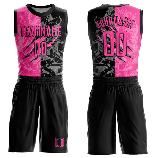 Custom Graffiti Pattern Pink-Black Scratch Round Neck Sublimation Basketball Uniform Jersey