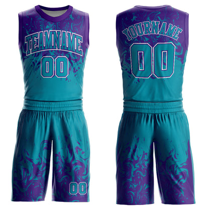 Custom Teal Purple-White Round Neck Sublimation Basketball Uniform Jersey