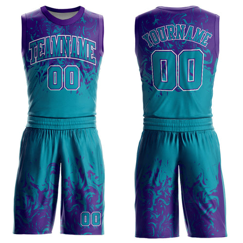 Custom Teal Purple-White Round Neck Sublimation Basketball Uniform Jersey