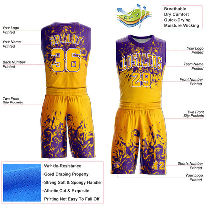 Custom Gold White-Purple Round Neck Sublimation Basketball Uniform Jersey