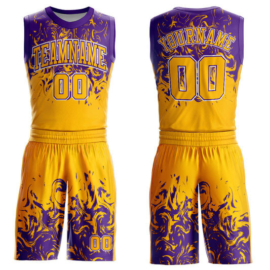 Custom Gold White-Purple Round Neck Sublimation Basketball Uniform Jersey