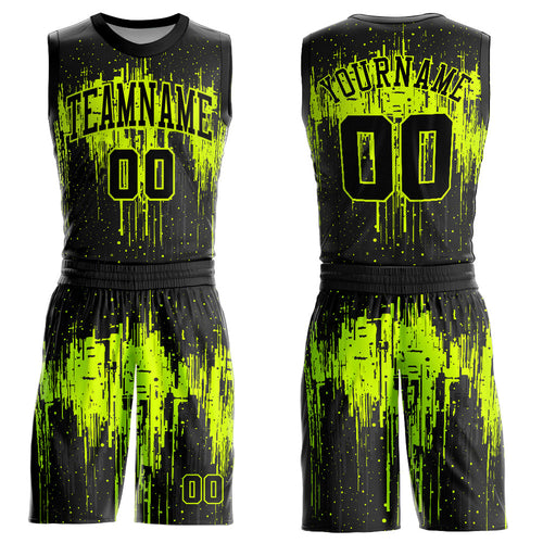 Custom Black Neon Green Round Neck Sublimation Basketball Uniform Jersey