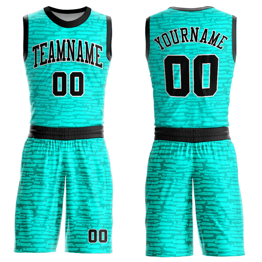 Custom Aqua Black-White Round Neck Sublimation Basketball Uniform Jersey