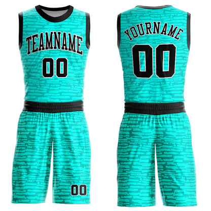Custom Aqua Black-White Round Neck Sublimation Basketball Uniform Jersey