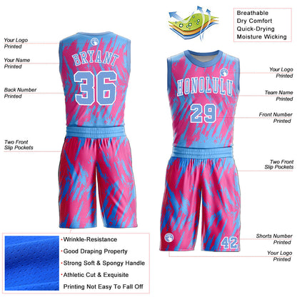 Custom Pink Light Blue-White Round Neck Sublimation Basketball Uniform Jersey