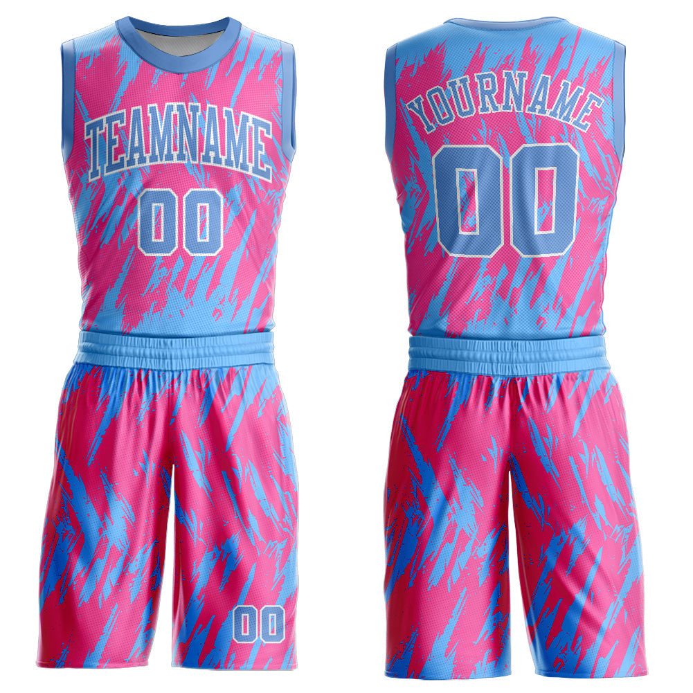 Custom Pink Light Blue-White Round Neck Sublimation Basketball Uniform Jersey
