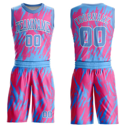 Custom Pink Light Blue-White Round Neck Sublimation Basketball Uniform Jersey