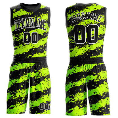 Custom Neon Green Black-White Round Neck Sublimation Basketball Uniform Jersey