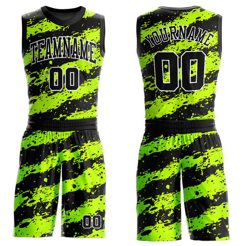 Custom Neon Green Black-White Round Neck Sublimation Basketball Uniform Jersey