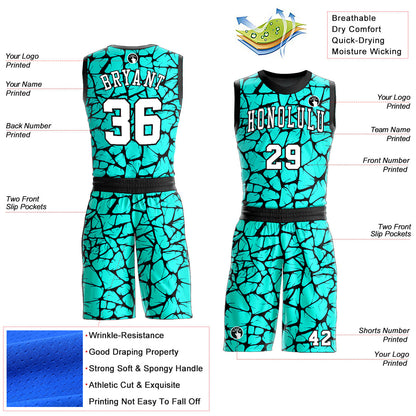 Custom Aqua White-Black Round Neck Sublimation Basketball Uniform Jersey