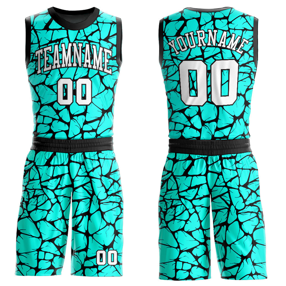 Custom Aqua White-Black Round Neck Sublimation Basketball Uniform Jersey