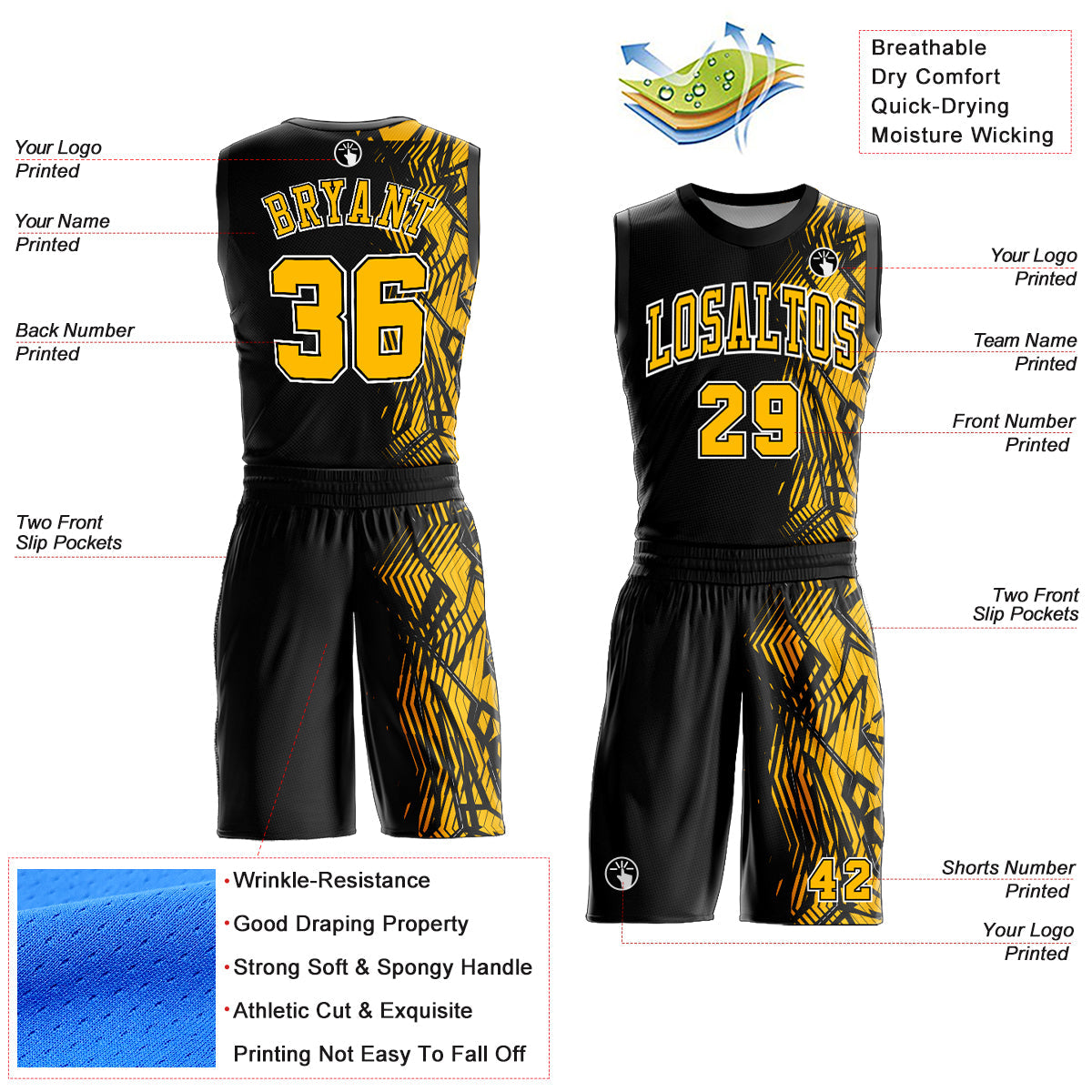 Custom Black Gold-White Round Neck Sublimation Basketball Uniform Jersey