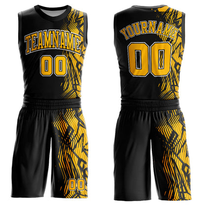 Custom Black Gold-White Round Neck Sublimation Basketball Uniform Jersey