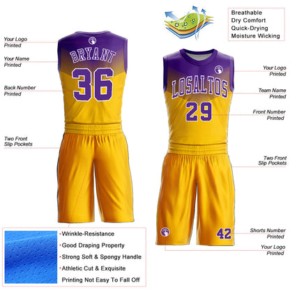 Custom Gold Purple-White Round Neck Sublimation Basketball Uniform Jersey