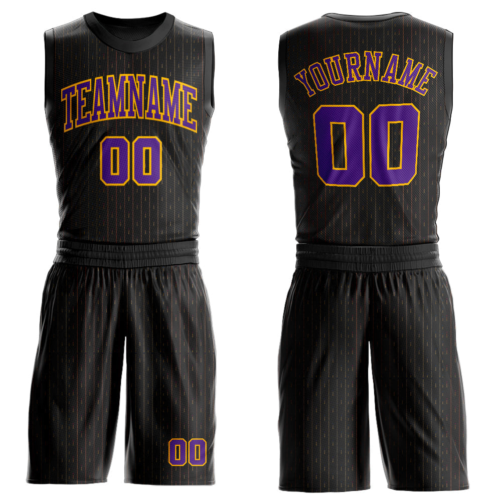 Custom Black Purple-Gold Round Neck Sublimation Basketball Uniform Jersey