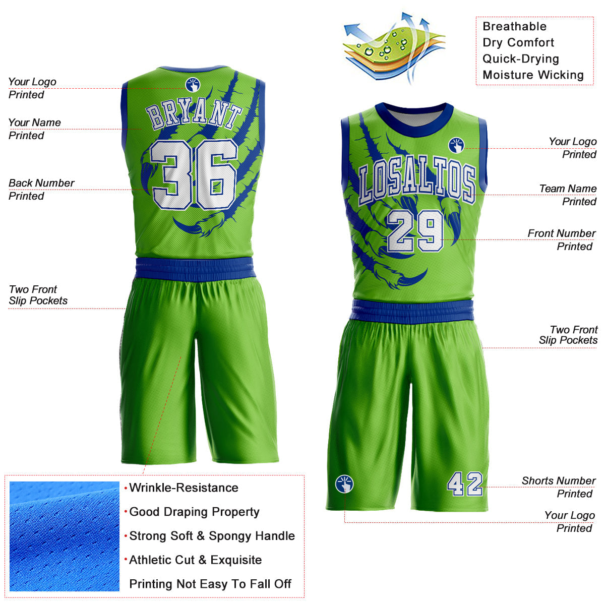 Custom Neon Green White-Royal Animals Claws Round Neck Sublimation Basketball Uniform Jersey
