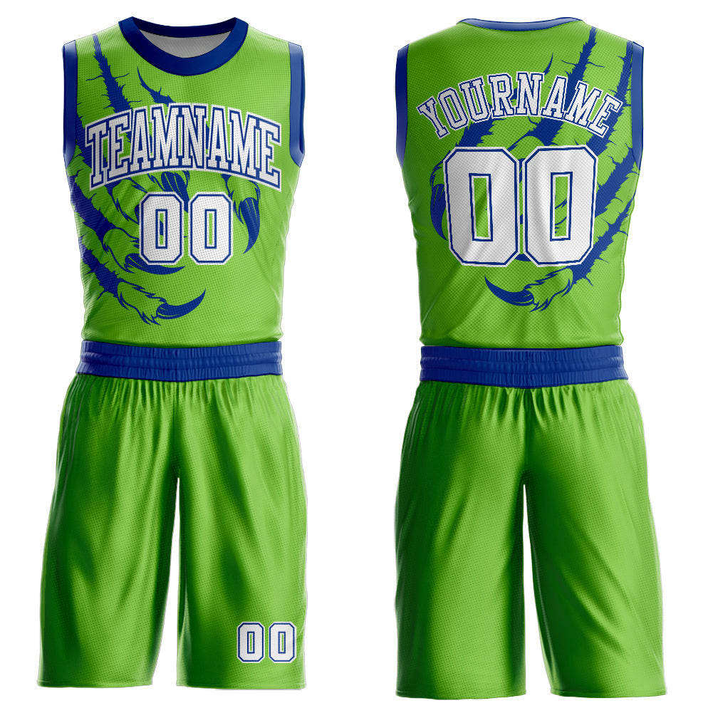 Custom Neon Green White-Royal Animals Claws Round Neck Sublimation Basketball Uniform Jersey