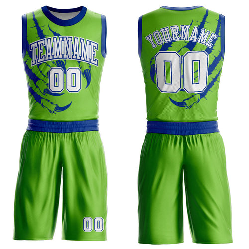 Custom Neon Green White-Royal Animals Claws Round Neck Sublimation Basketball Uniform Jersey
